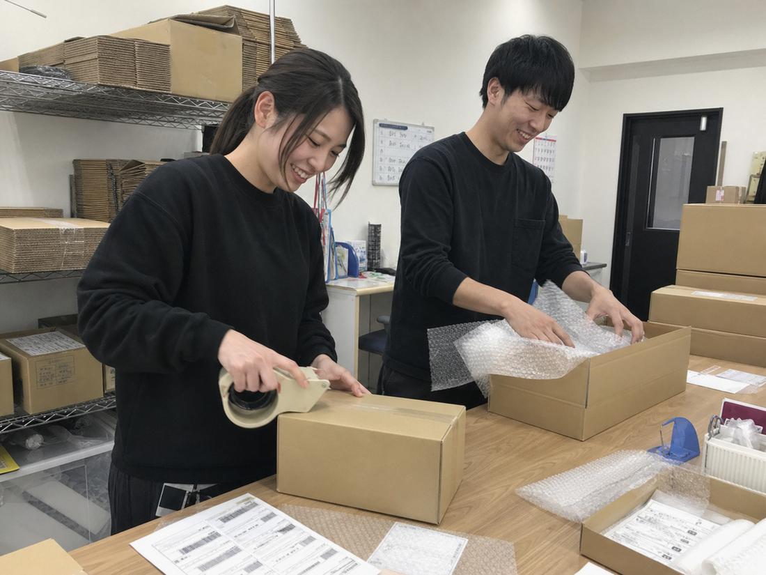 商品を梱包・発送するスタッフ